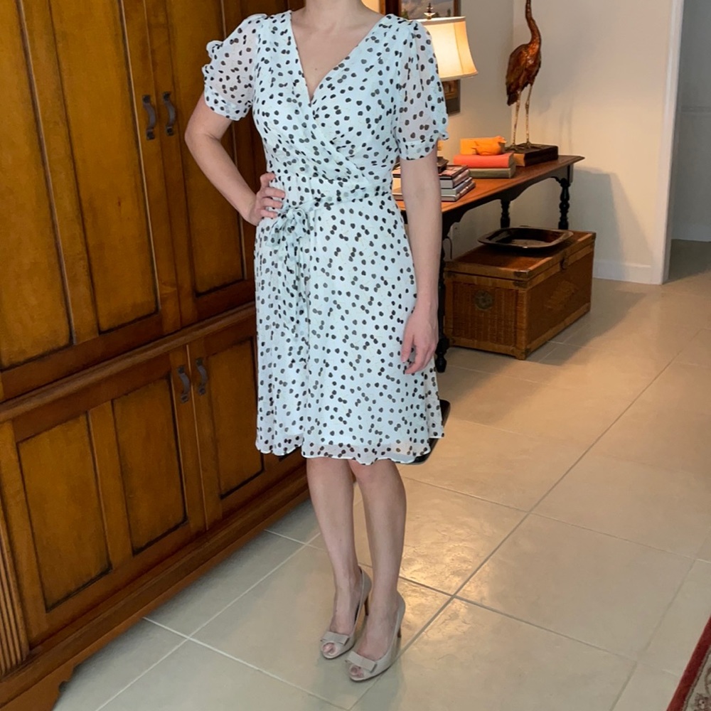 Gauzy white DKNY dress with navy cherry print.